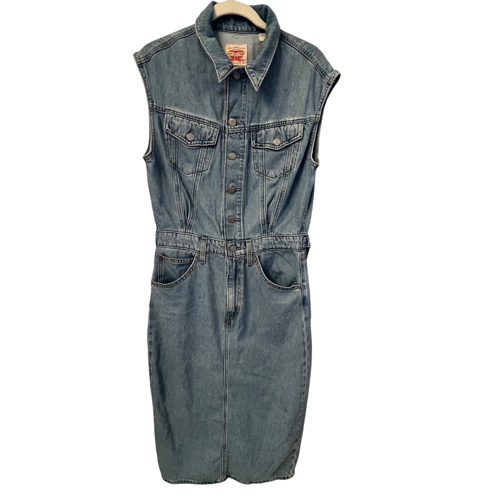 Levis NWT Iconic Denim Sleeveless Trucker Midi Dress. Med Wash Blue. Wm Medium